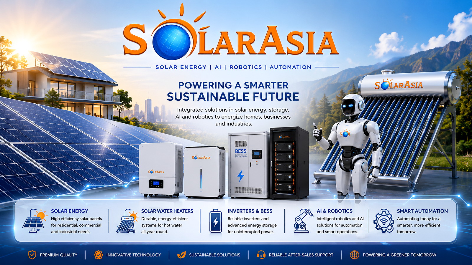 Solar Asia solar panels, solar water heater, inverter, lithium battery, BESS and AI robotics solutions in Pakistan